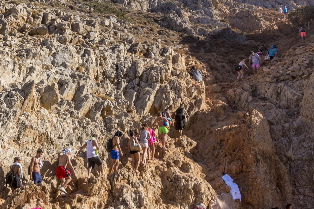 Seitan Limania is one of the most spectacular beaches in Chania, Crete. You can get there by car and by climbing down a steep mountain trail.