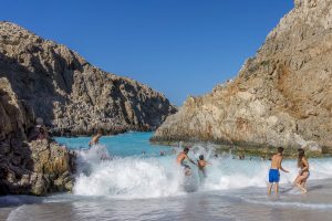 Seitan Limania Beach in Chania, Crete, is like a natural wave pool with emerald water