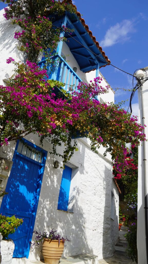 skopelos white house blue door flowers
